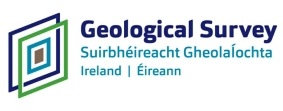 Geological Survey Ireland logo featuring bold, stylized letters next to an abstract, multilayered square design in the footer, with bilingual text in English and Irish.