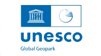 Unesco global geopark logo, prominently featured in the website footer design, incorporates iconic symbols representing cultural heritage and earth sciences.