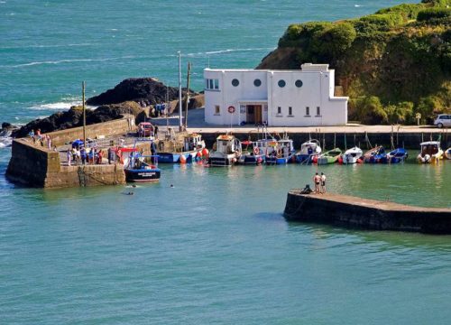 A small harbor with boats moored along the dock beside a white two-story building. People stroll on the pier, enjoying the view of lush green hills and the blue ocean. This picturesque scene is nestled near Dunabrattin Head on the stunning Copper Coast.