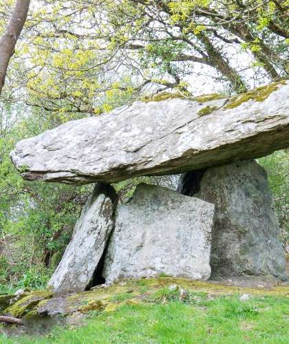 The Gaulstown Dolmen, nestled along the scenic Copper Coast, features two vertical slabs gracefully supporting a horizontal capstone. It stands amidst lush green grass and tall trees under a partly cloudy sky.