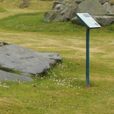 A grassy field with a blue informational sign stands next to large rocks in the serene Geological Garden of Copper Coast, where small white flowers are scattered across the grass.