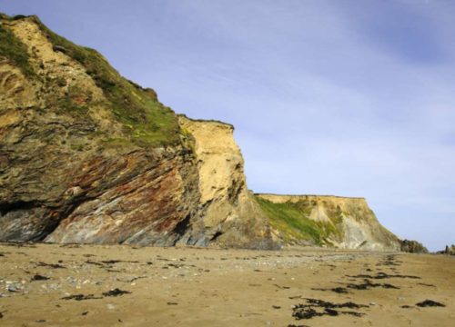 Kilfarrasy Strand features a sandy beach with scattered seaweed and small rocks that lead to towering cliffs. These cliffs, layered in shades of brown and green, stretch majestically under a clear blue sky.