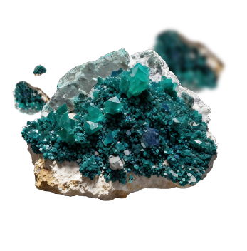 A close-up of a vibrant mineral specimen from the geology of the Copper Coast showcases teal crystals clustered on a rough, white and beige rock surface. The crystals vary in size and shape, with some appearing translucent and sharply angular.