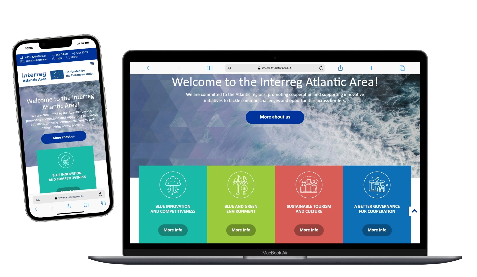 A smartphone and a laptop display the Interreg Atlantic Area website. The laptop showcases a welcome message with colorful sections for Blue Innovation, Green Environment, Sustainable Tourism, and Governance. Discover more about initiatives like the Atlantic Geoparks Route through a "More info" button.